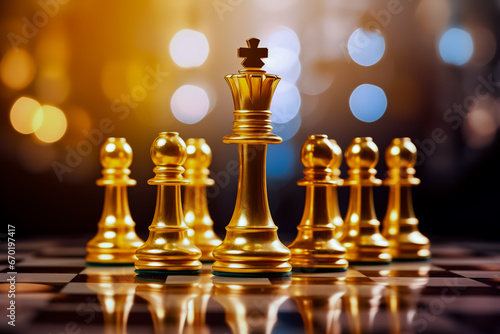 Golden chess set on checkered board with blurry background