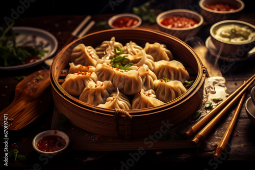 Generative AI illustration of high angle of delectable dim sum dumplings, meticulously arranged in a bamboo steamer placed on table near bowls with spicy sauce photo