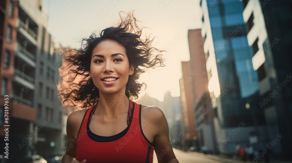 Young Asian woman is jogging outside