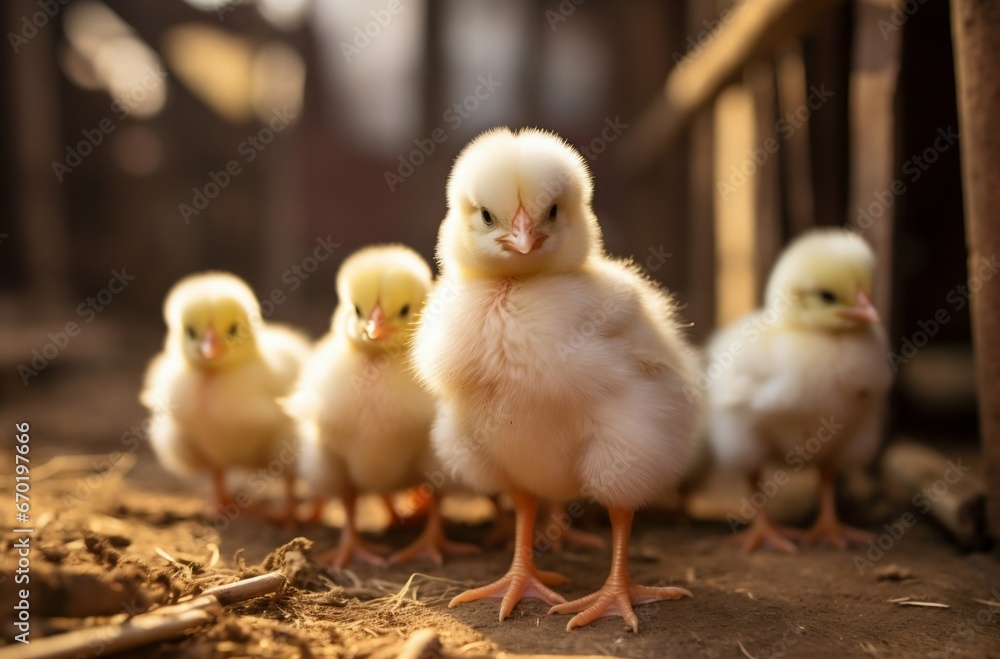 Tiny Flock: Group of Chicks Thriving Indoors in Farm Yard. Generative ai