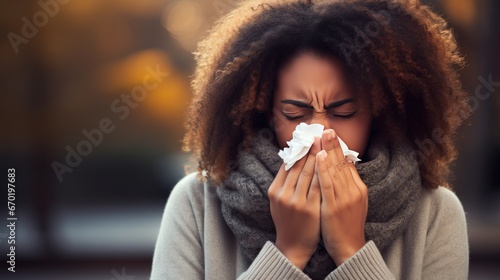 Young black woman with flu. Blowing her nose into a tissue. Concept of cold or allergy season, generative ai.