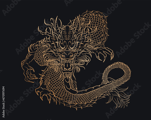 Golden silhouette of outline oriental dragon snake on dark blue background. Gothic vintage poster with Asian mythology reptile or monster, devil for t-shirts of tattoo