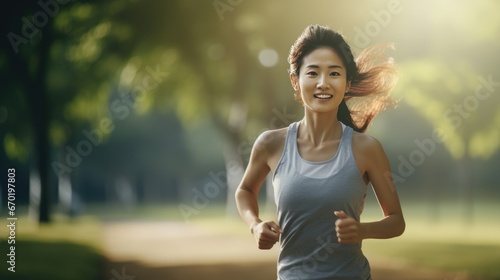 Young Asian woman is jogging outside