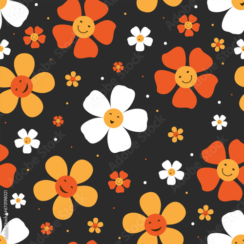 Seamless pattern with smiling daisy flowers. Abstract camomile emoji background. Daisy and camomile flowers with smiling faces. Colorful Beautiful funny emotional flowers and polka dot. Vector