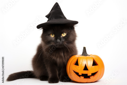 Black cat in witch hat and pumpkin © LFK