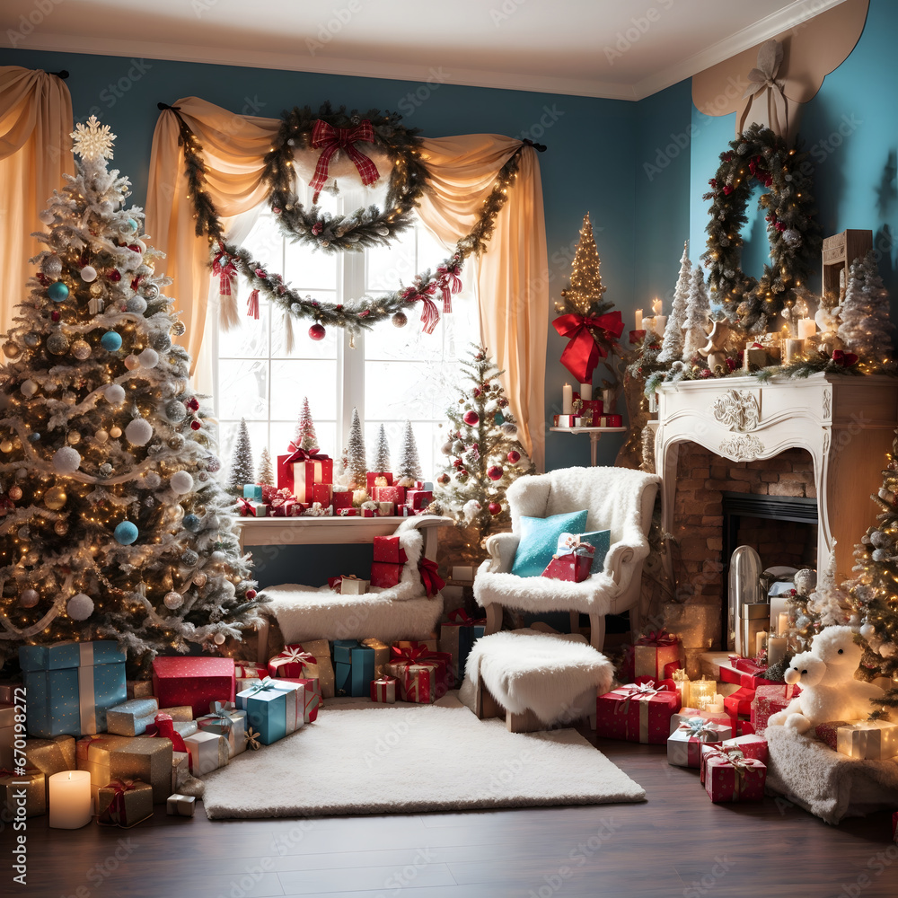 Cheerful Indoor Setup: Christmas Tree and Fireplace