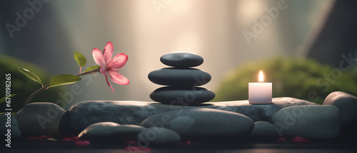 Minimalist tranquil meditation Zen garden with candles and stacked rock balancing stones art. 