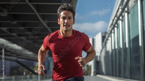 Mid adult Mexican man is jogging outside