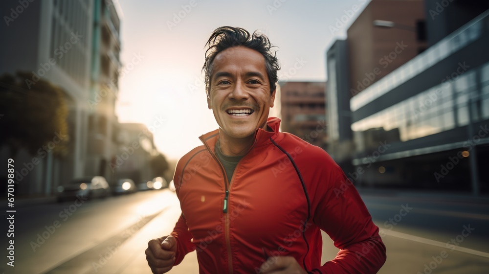 Fototapeta premium Mid adult Mexican man is jogging outside