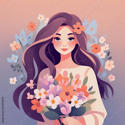 girl spring. illustration in flat style. flowers.