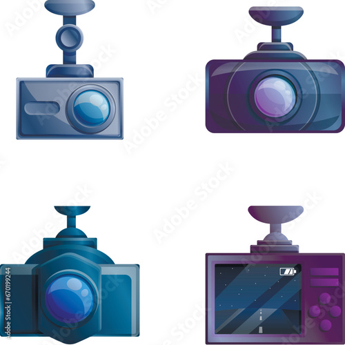 Car registrar icons set cartoon vector. Car dvr. Modern technology