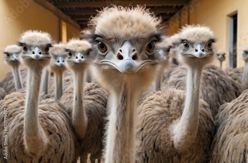 Feathered Gathering: Ostrich Group Graces the Farm Yard Indoors. Generative ai © Scrudje
