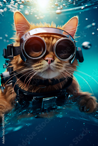 Image of cat wearing goggles and floating in pool of water.