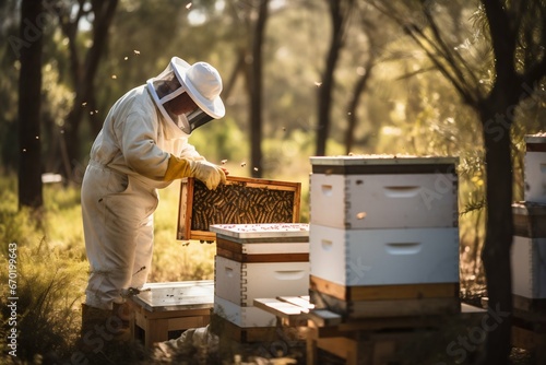 Sweet Harvest: Beekeeper Tending to Hives in Honey Farming. Generative ai