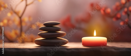 Minimalist tranquil meditation Zen garden with candles and stacked rock balancing  stones art. 