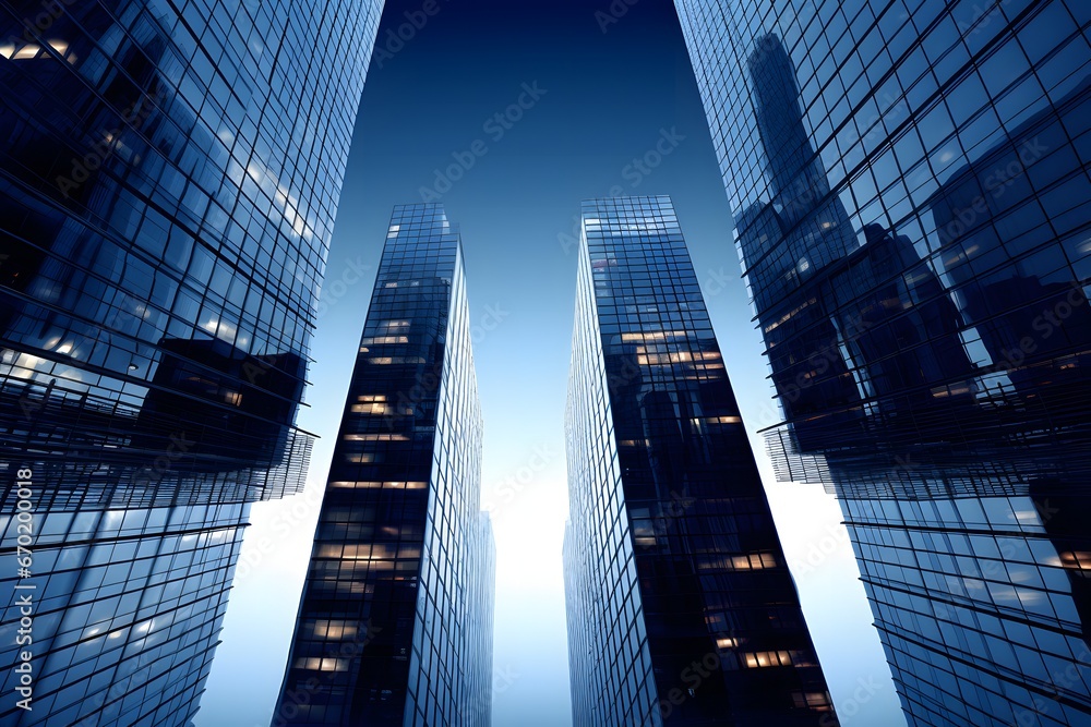 Reflective skyscrapers, business office buildings..
