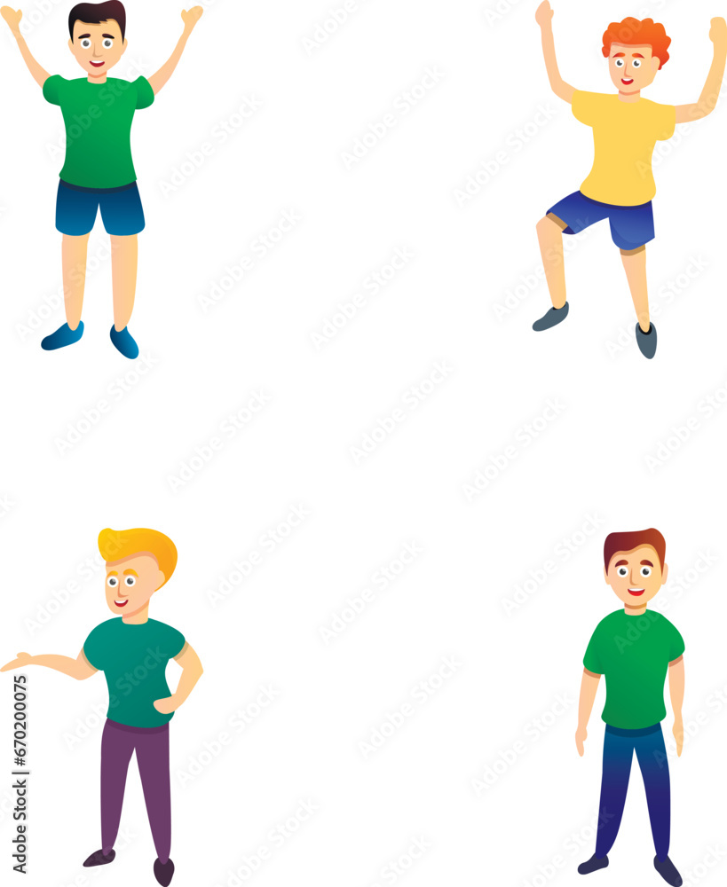 Morning exercise icons set cartoon vector. Man doing exercise. Sport, healthy lifestyle Morning exercise icons set cartoon vector. Man doing exercise. Sport, healthy lifestyle