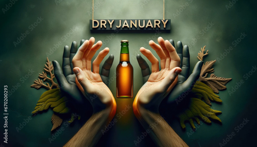 Dry January concept. Month for sobriety, abstain from drinking alcohol. - obrazy, fototapety, plakaty 