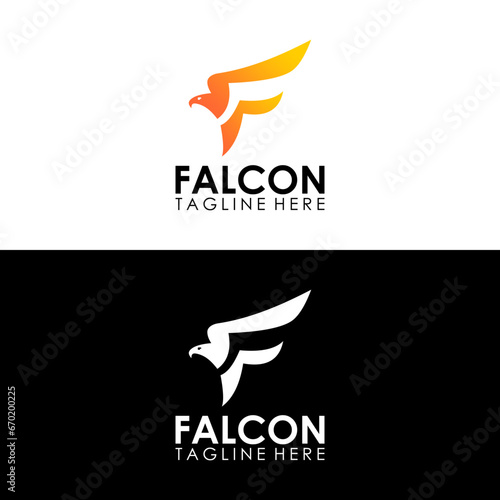 Letter F logo formed negative space of eagle head in orange color