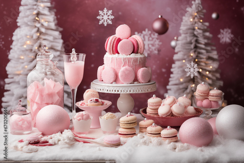 Pink Christmas desserts on table with decorated tree