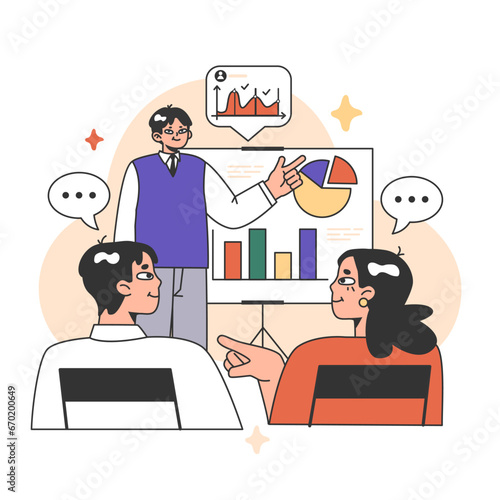 Training workshop. Interactive training process. Professional development. Increasing of business competences and skills. Flat vector illustration