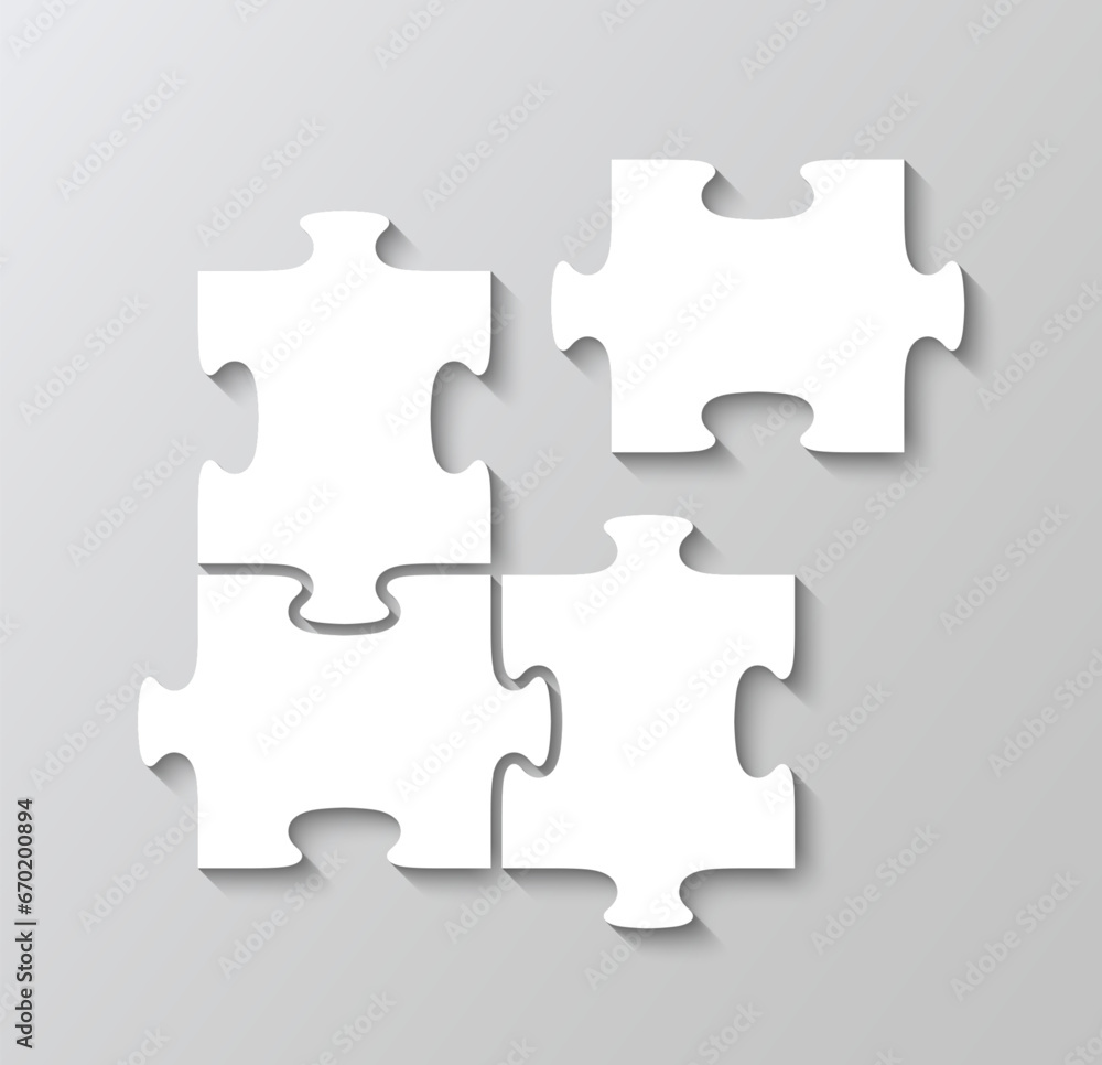 Square puzzle template with 4 details. Scheme of thinking game. Round cutting jigsaw pieces grid. Modern background with mosaic shapes. Simple frame tiles. Vector illustration. Square puzzle template with 4 details. Scheme of thinking game. Round cutting jigsaw pieces grid. Modern background with mosaic shapes. Simple frame tiles. Vector illustration.