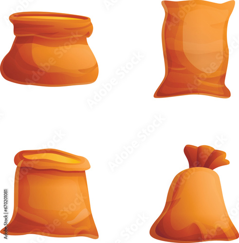 Farmer bag icons set cartoon vector. Cereal and grain in fabric bag. Harvest transportation and storage