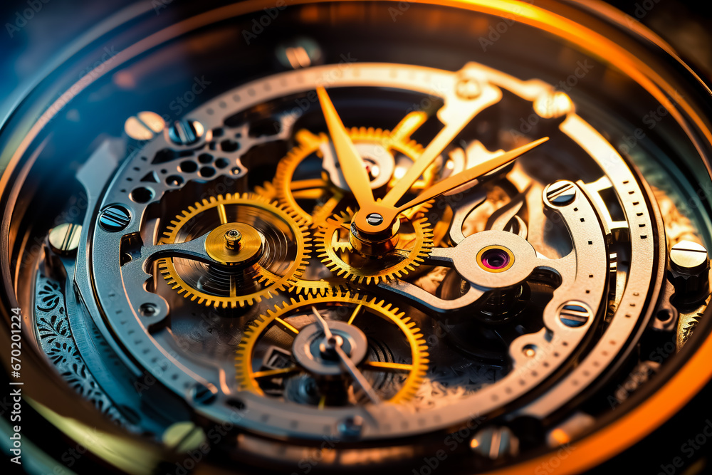 Macro view of clock with many gears on it's face.