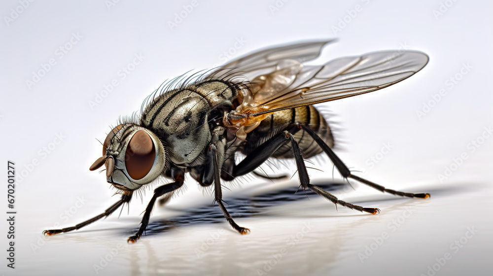 Fototapeta premium Macro view of fly on white surface with white background.