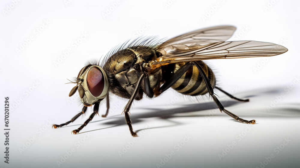 Macro view of fly on white surface with white background.