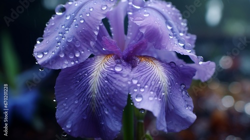 A Silverbell Iris covered in raindrops, reflecting the surrounding world.
