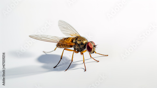 Macro view of fly on white surface with white background.
