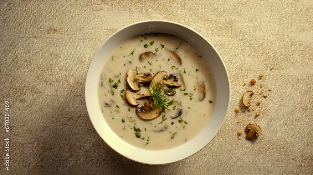 Mushroom cream soup. Soup in a bowl. Top view. Mushroom cream soup. Soup in a bowl. Top view.