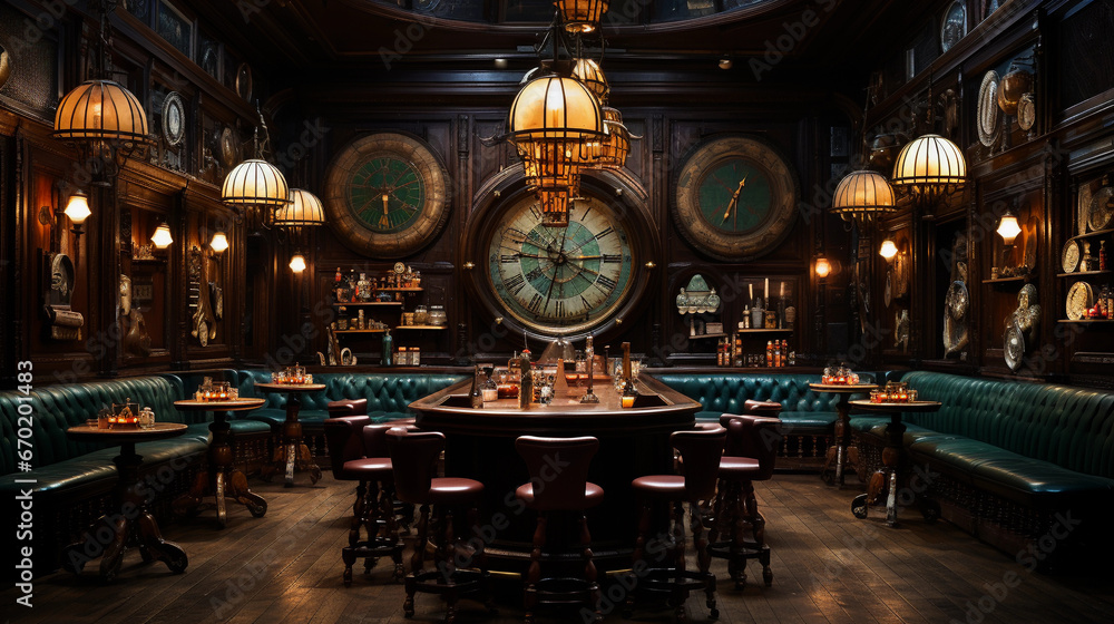 A classic English pub with dark wood paneling, leather bar stools, and a traditional dartboard - obrazy, fototapety, plakaty 