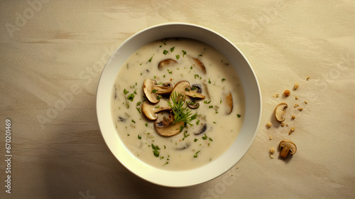 Mushroom cream soup. Soup in a bowl. Top view.