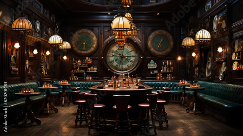 A classic English pub with dark wood paneling, leather bar stools, and a traditional dartboard photo