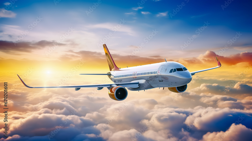 Passengers commercial airplane flying above dramatic clouds. Concept of fast travel, holidays and business. Commercial transportation concept.