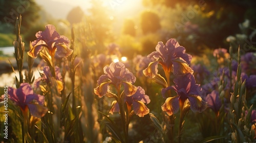 A Silverbell Iris garden at sunset, bathed in warm, golden light.