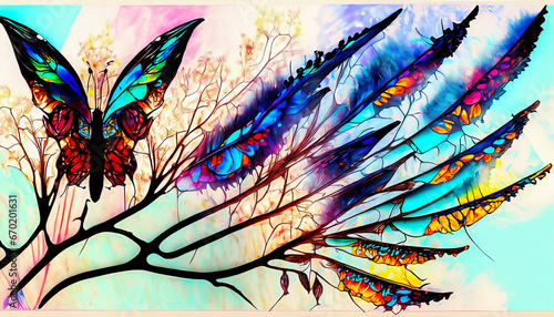 butterfly and feathery leaves with painting and stained glass styles photo