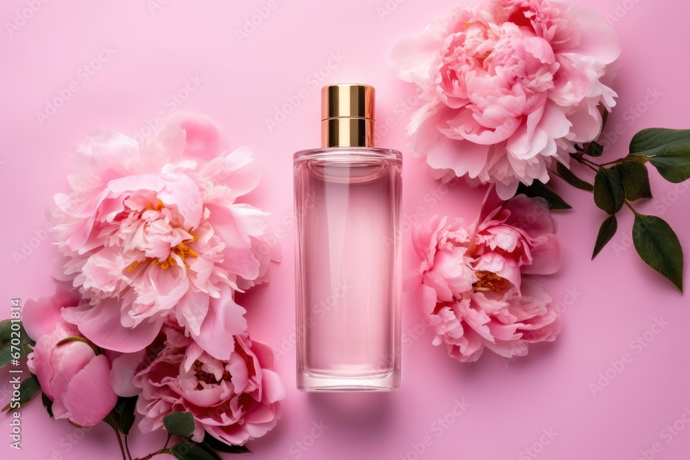 Transparent glass perfume bottle with gold cap and beautiful peonies flowers on pink background. Women's perfume, eau de toilette, floral scent, mockup for branding Transparent glass perfume bottle with gold cap and beautiful peonies flowers on pink background. Women's perfume, eau de toilette, floral scent, mockup for branding