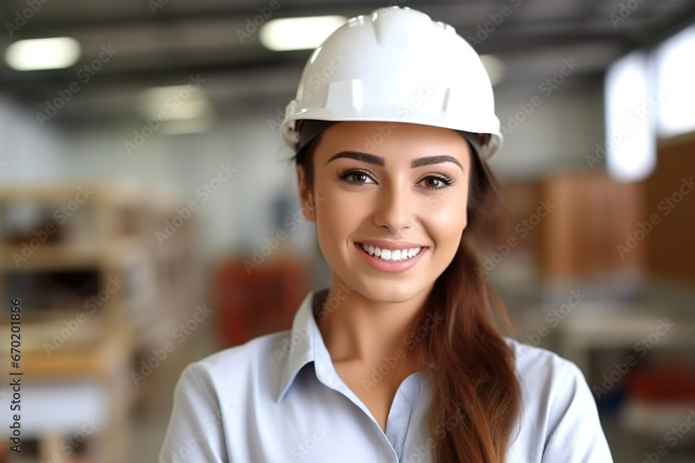 Latina engineer woman, smiling at the camera, blurred workplace background, professions Latina engineer woman, smiling at the camera, blurred workplace background, professions