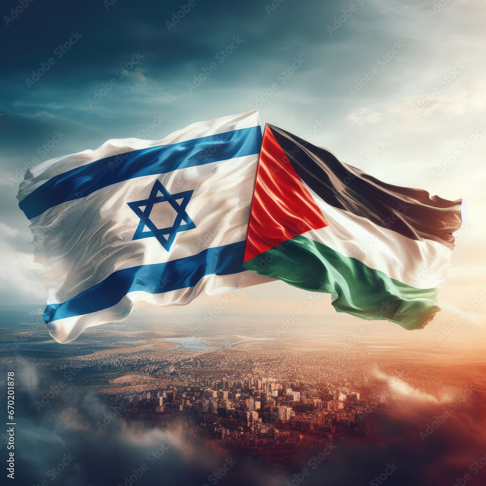 Israel and Palestine flags with peace symbols side by side on sky and fog background - obrazy, fototapety, plakaty 