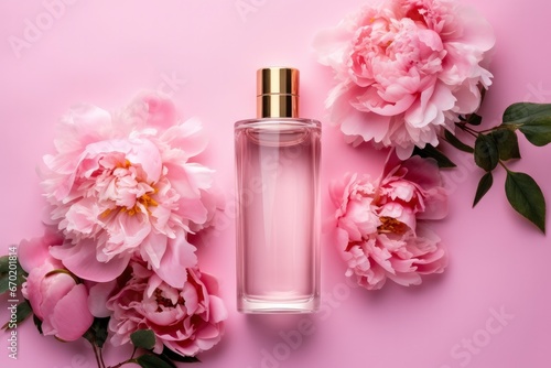 Transparent glass perfume bottle with gold cap and beautiful peonies flowers on pink background. Women's perfume, eau de toilette, floral scent, mockup for branding