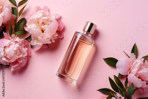 Transparent glass perfume bottle with gold cap and beautiful peonies flowers on pink background. Women s perfume  eau de toilette  floral scent  mockup for branding