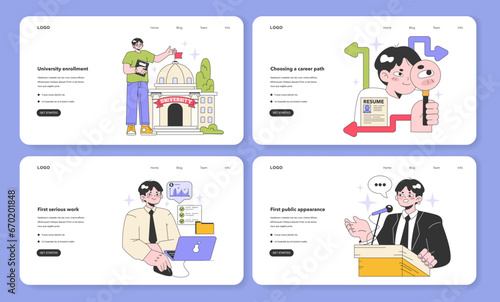 Youth and adulthood years web banner or landing page set. Life milestones. Young male character getting old and gain new experience. Flat vector illustration