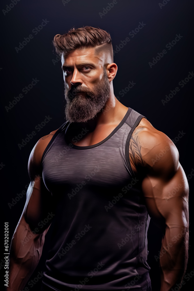 Portrait of a athletic muscular bearded man posing on a grey background. Portrait of a athletic muscular bearded man posing on a grey background.