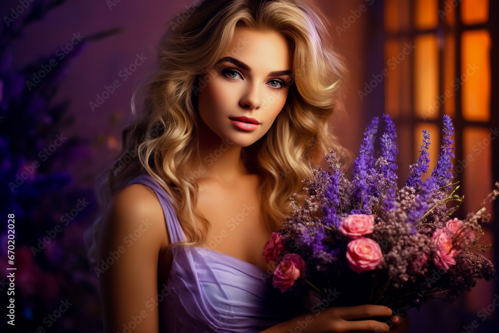 Portrait of a beautiful young woman with a bouquet of lavender in her hands. Portrait of a beautiful young woman with a bouquet of lavender in her hands.
