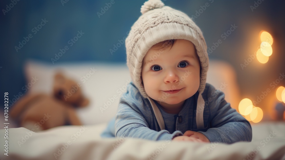 baby lying on a bed, wearing a knitted hat baby lying on a bed, wearing a knitted hat
