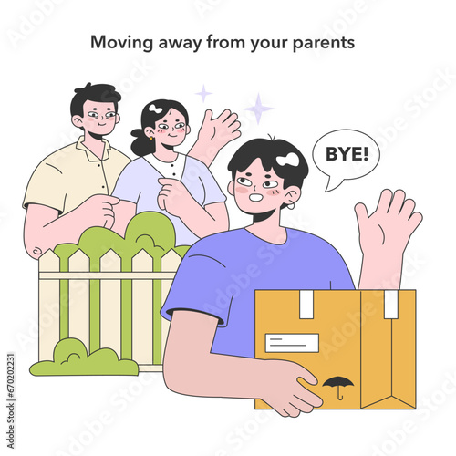 Moving out from parents. Young character pack belongings and relocating. Youth and adulthood years. Life milestones. Young male character getting old. Flat vector illustration