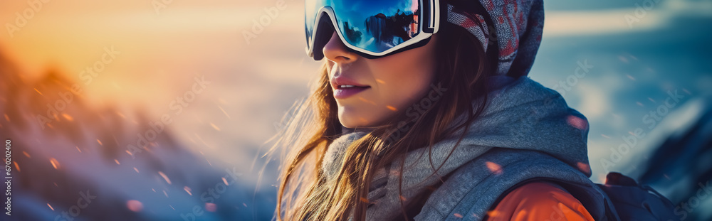 Portrait of woman in alps. woman in ski goggles at the ski resort. woman in mountain goggles. reflection in ski goggles. Portrait of woman in alps. woman in ski goggles at the ski resort. woman in mountain goggles. reflection in ski goggles.